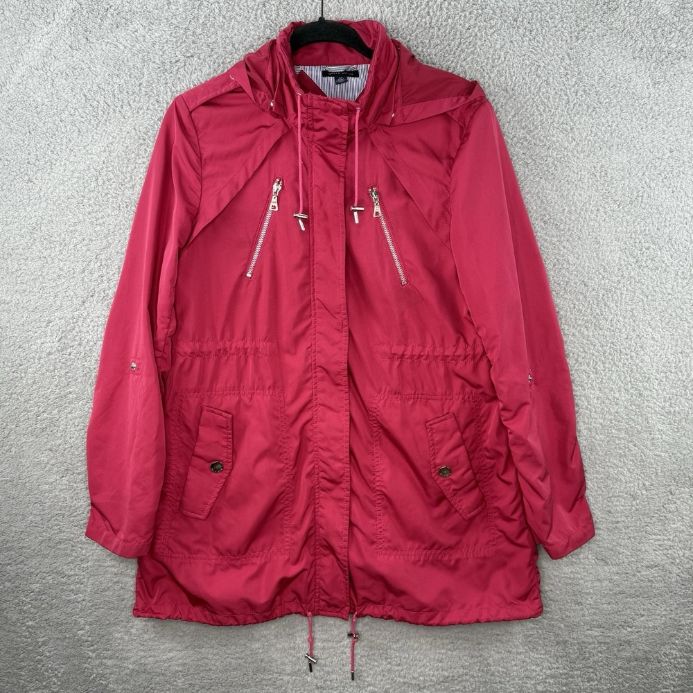 Tommy Hilfiger Jacket Women's Small Red Hoooded Full Zip Rain Zipper Pockets